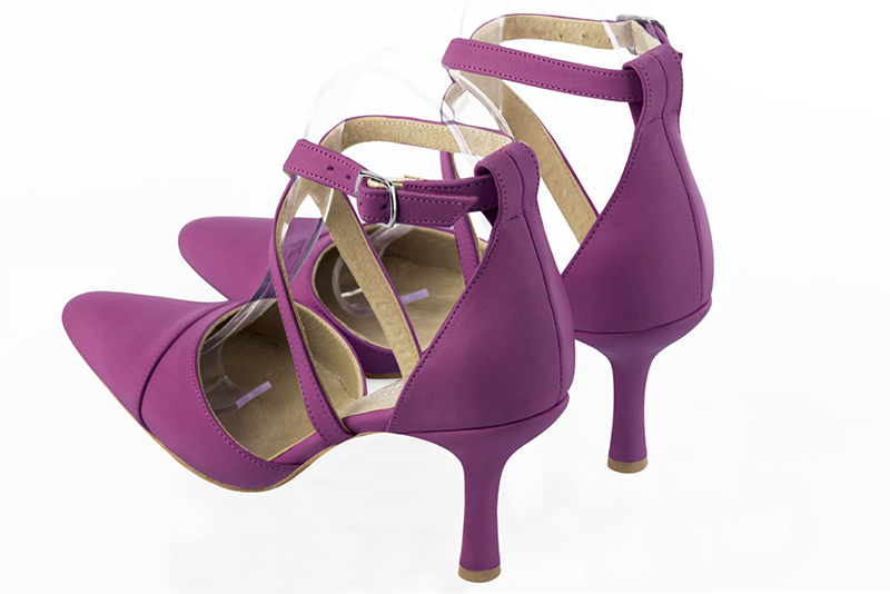 Mauve purple women's open side shoes, with crossed straps. Tapered toe. High slim heel. Rear view - Florence KOOIJMAN